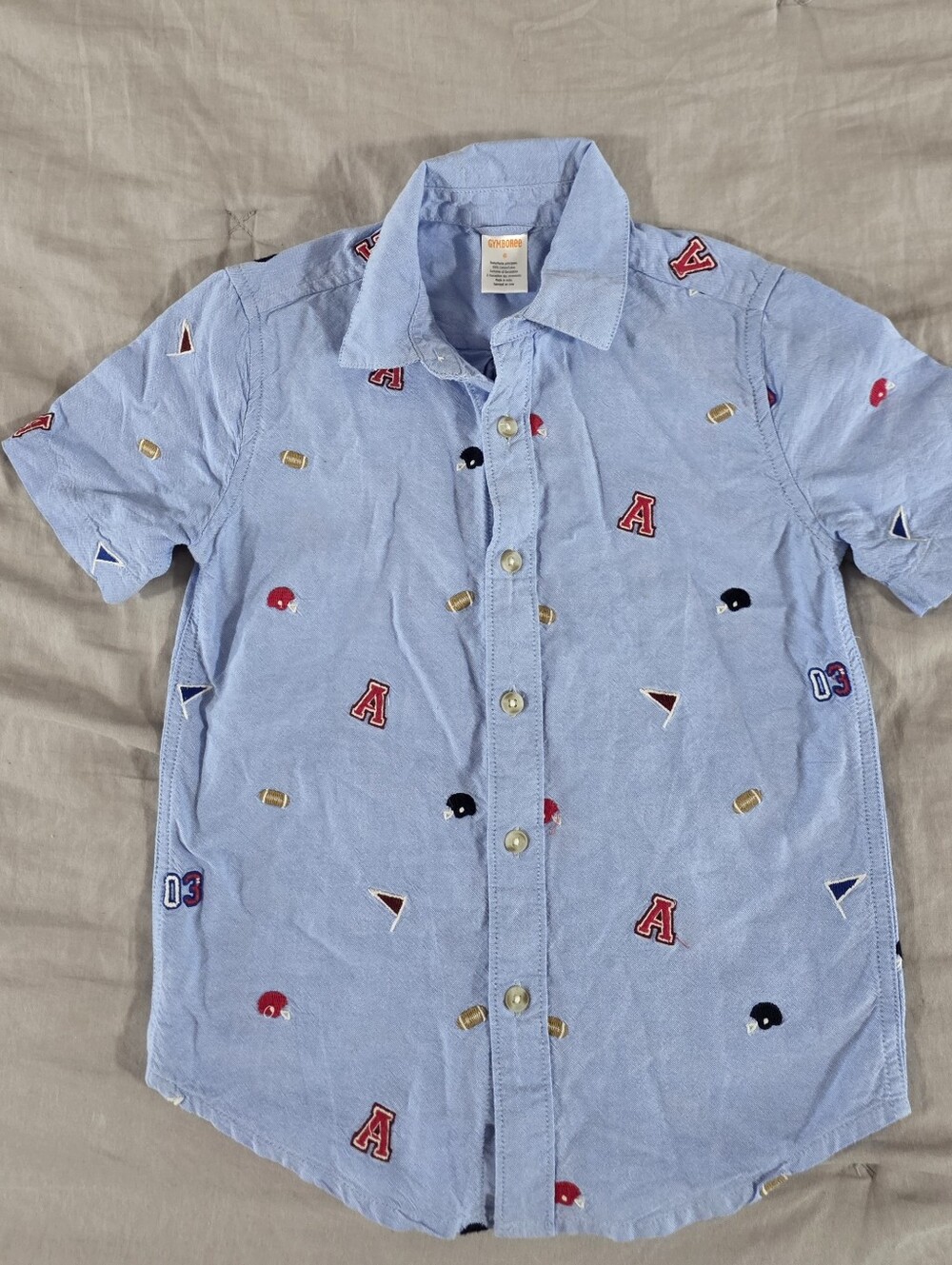 Gymboree Boys Blue Chambray Emboridered Varsity Short Sleeve Button Down size 6